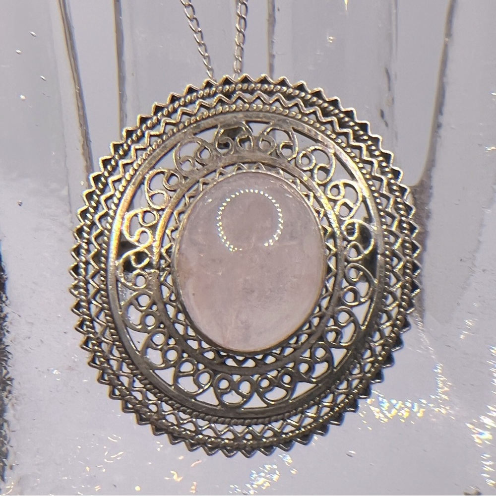 Vintage unmarked sterling 925 silver filagree broach/pendant rose quartz OOAK